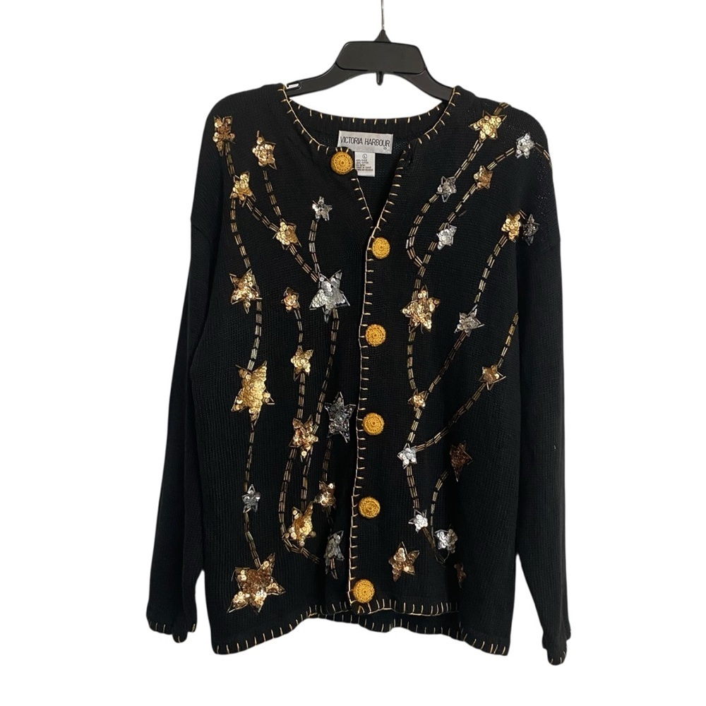 Victoria Harbour Vintage Black Silver and Gold Beaded Sequin Sweater Cardigan L
